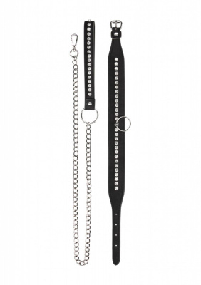 Черный ошейник с поводком Diamond Studded Collar With Leash