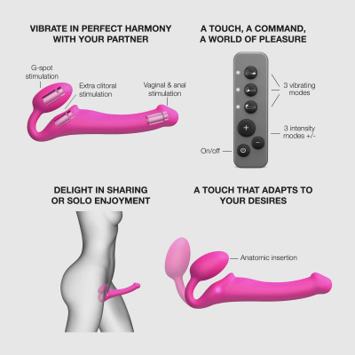 Ярко-розовый безремневой страпон Strap-on-me Vibrating Bendable Strap-On size XL