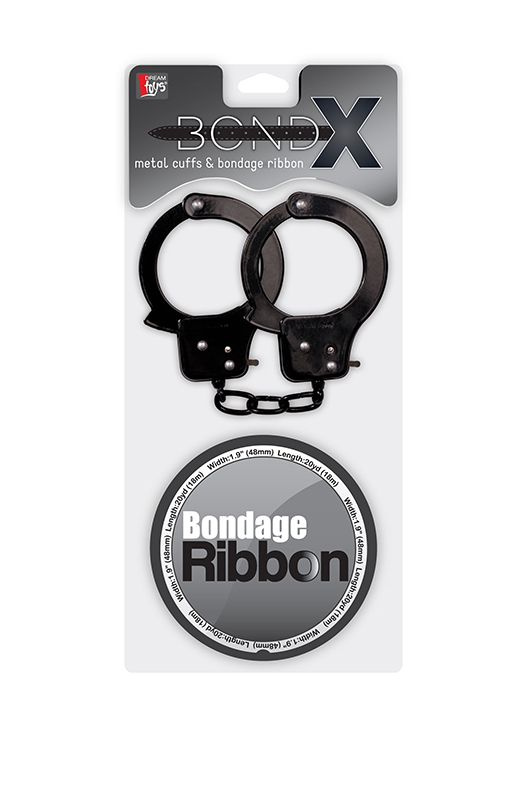 Набор для фиксации BONDX METAL CUFFS AND RIBBON: чёрные наручники из листового материала и липкая лента