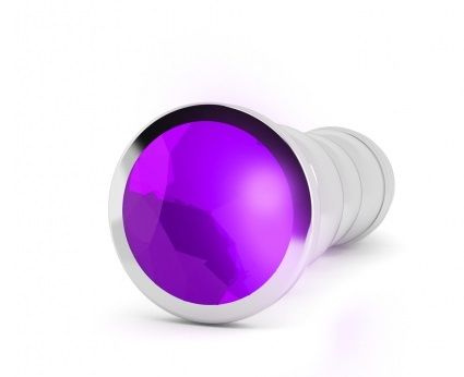 Серебристая фигурная анальная пробка R10 RICH Gold/Purple с фиолетовым кристаллом - 14,5 см.