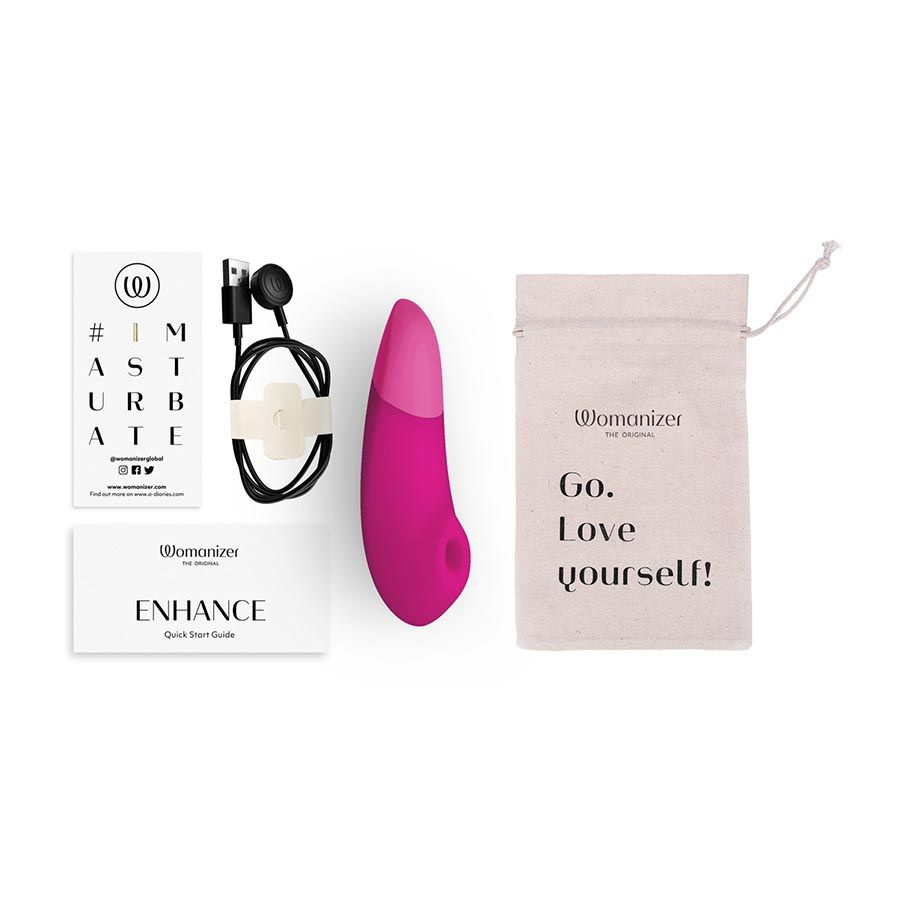 Розовый бесконтактный клиторальный стимулятор Womanizer Enhance с вибрацией
