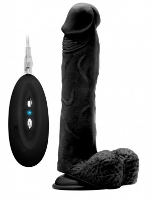 Чёрный вибратор-реалистик Vibrating Realistic Cock 9 With Scrotum - 23,5 см.
