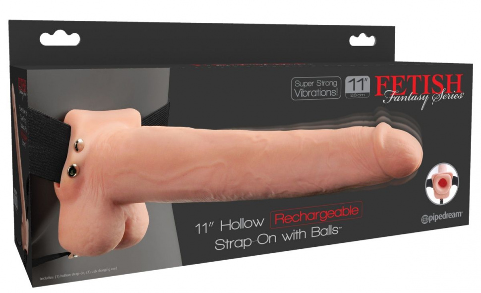 Телесный перезаряжаемый вибрострапон 11 Hollow Rechargeable Strap-on with Balls - 30 см.