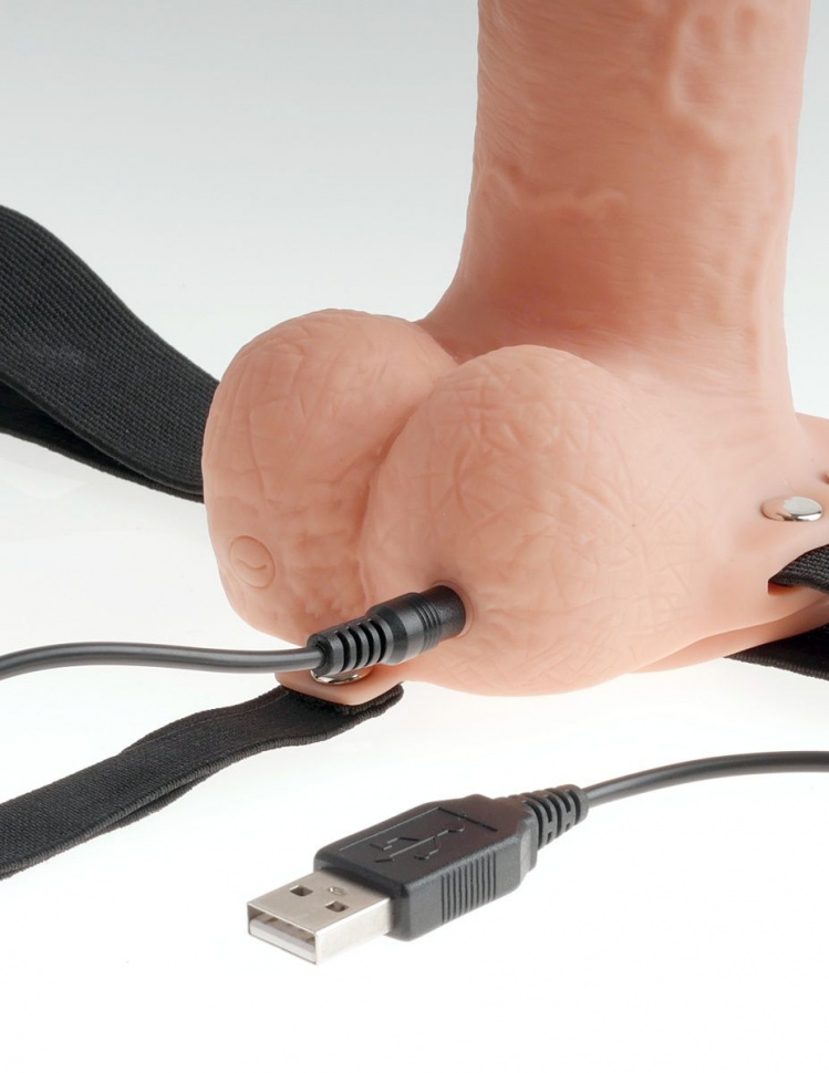 Телесный перезаряжаемый вибрострапон 11 Hollow Rechargeable Strap-on with Balls - 30 см.