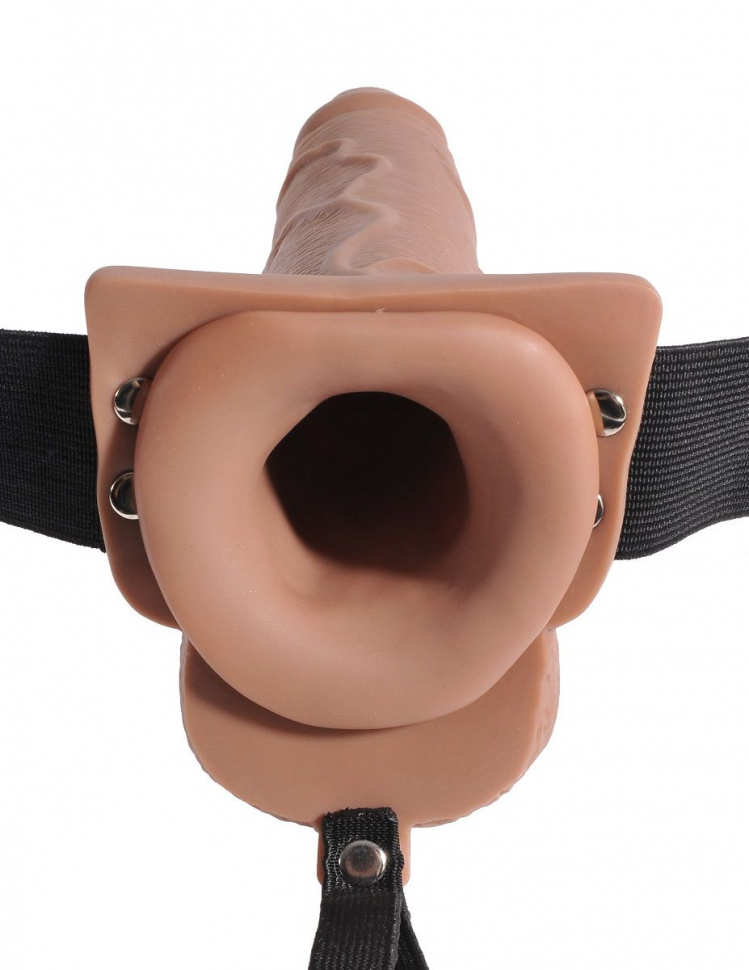 Кофейный полый страпон с имитацией эякуляции 7.5 Hollow Squirting Strap-On with Balls - 21,6 см.
