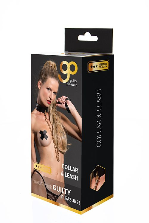 Черный ошейник PREMIUM COLLAR LEASH SET с золотистым поводком