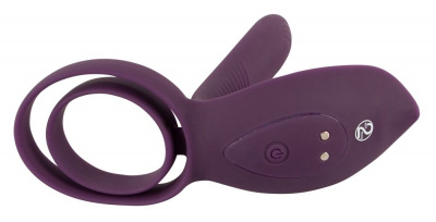 Фиолетовая насадка на член с клиторальным отростком и пультом ДУ RC Couple’s Vibrator 2