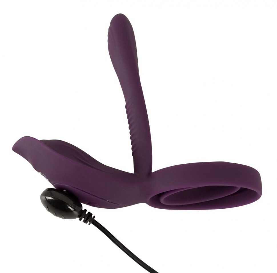 Фиолетовая насадка на член с клиторальным отростком и пультом ДУ RC Couple’s Vibrator 2