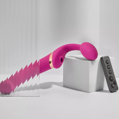 Ярко-розовый безремневой страпон Multi Orgasm Bendable Strap-On size L с клиторальной стимуляцией
