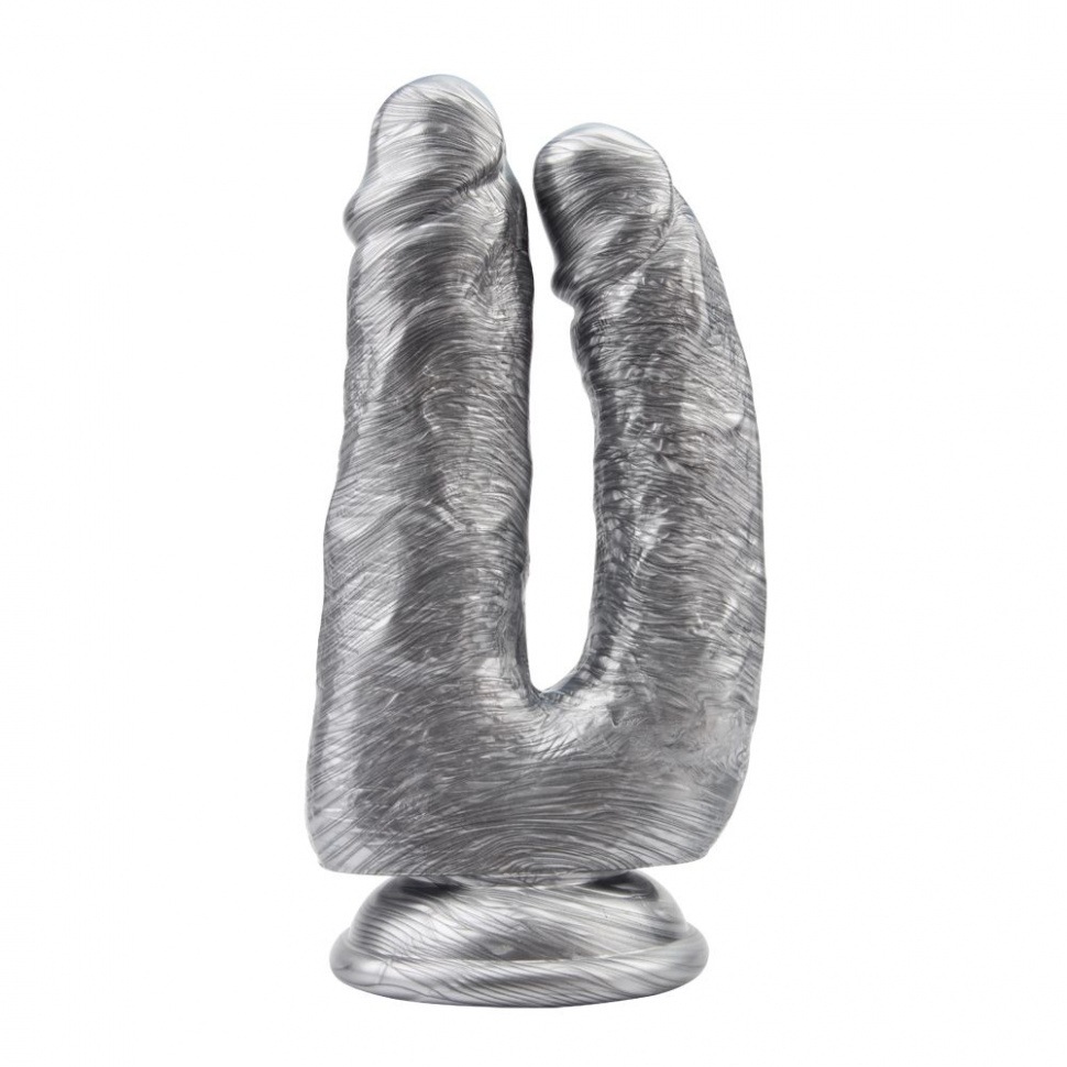 Серебристый анально-вагинальный фаллоимитатор Dick Cumming - 18 см.