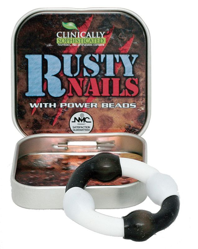 Чёрно-белое эрекционное кольцо с бусинами RUSTY NAILS