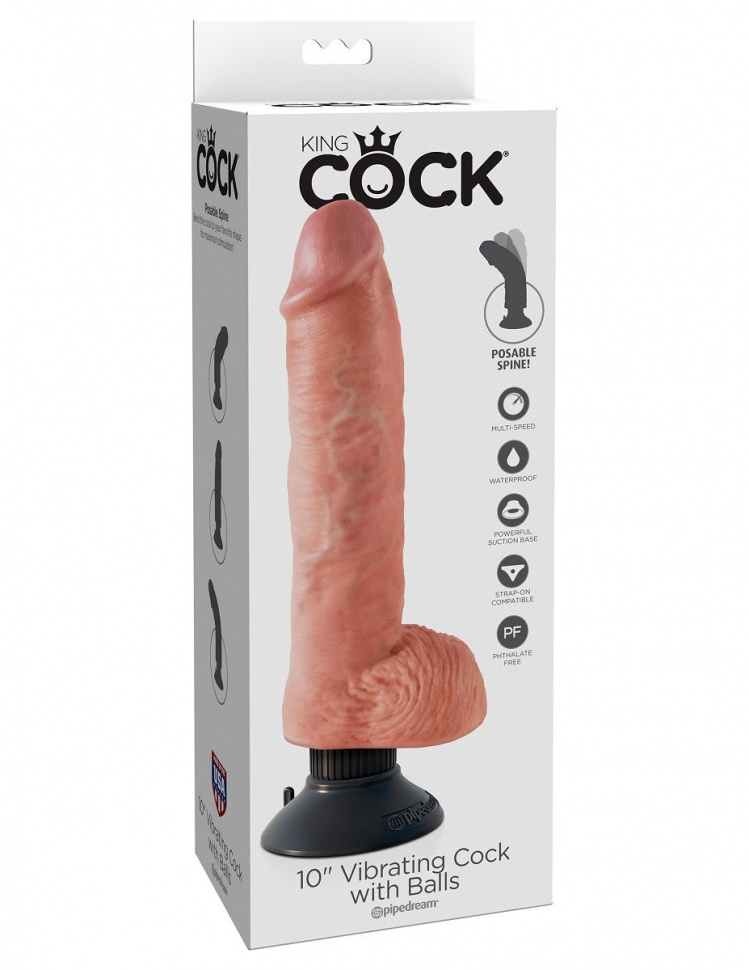 Телесный вибромассажер 10 Vibrating Cock with Balls - 25,4 см.