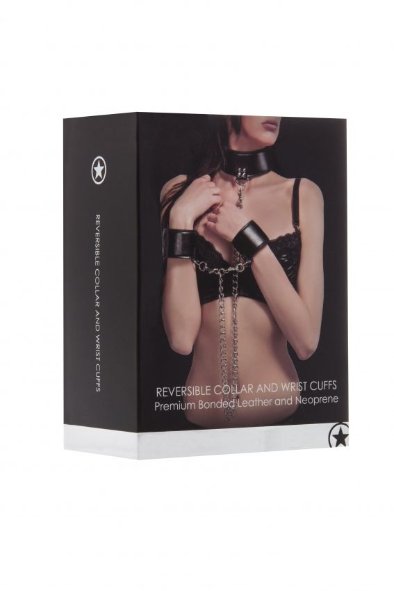 Чёрный двусторонний ошейник с наручниками Reversible Collar and Wrist Cuffs