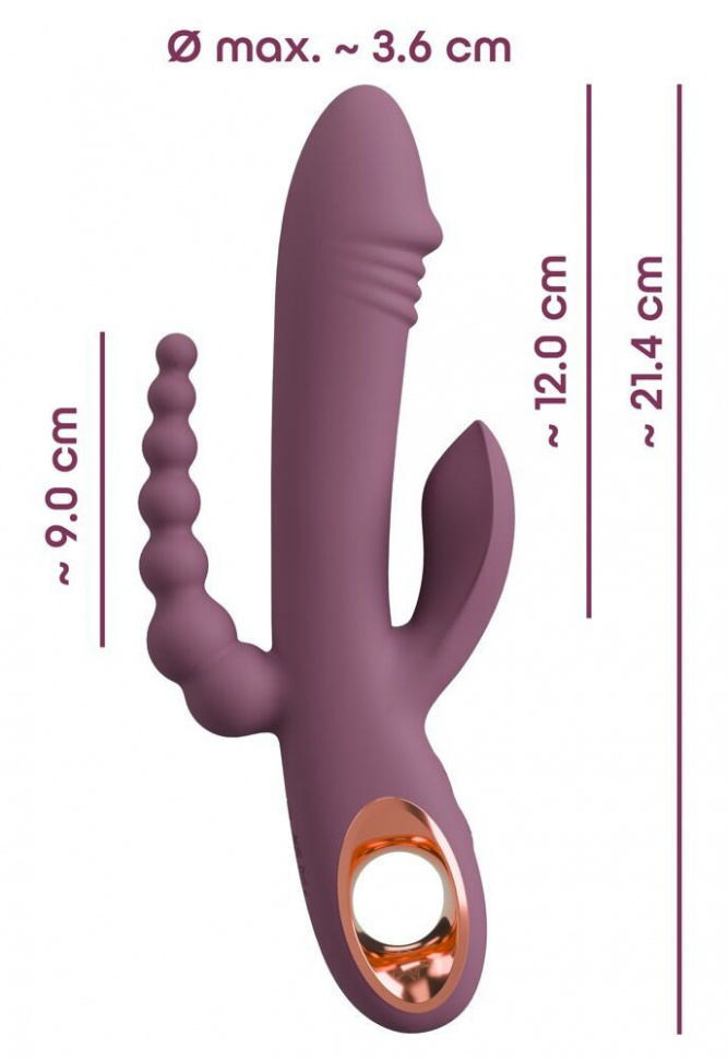 Сливовый вибратор с клиторальным отростком и анальным хвостом Slim Triple Plum - 21,4 см.