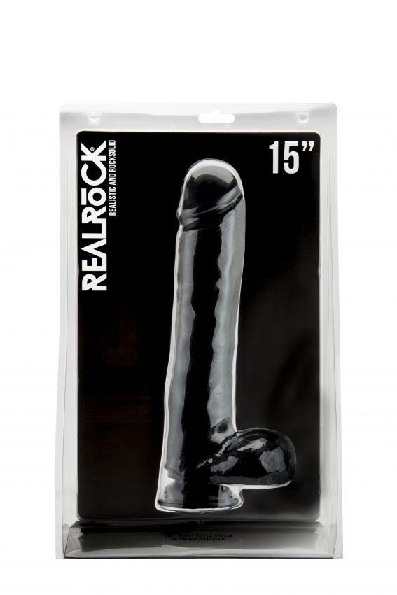 Чёрный фаллоимитатор Realistic Cock 15 With Scrotum - 38 см.